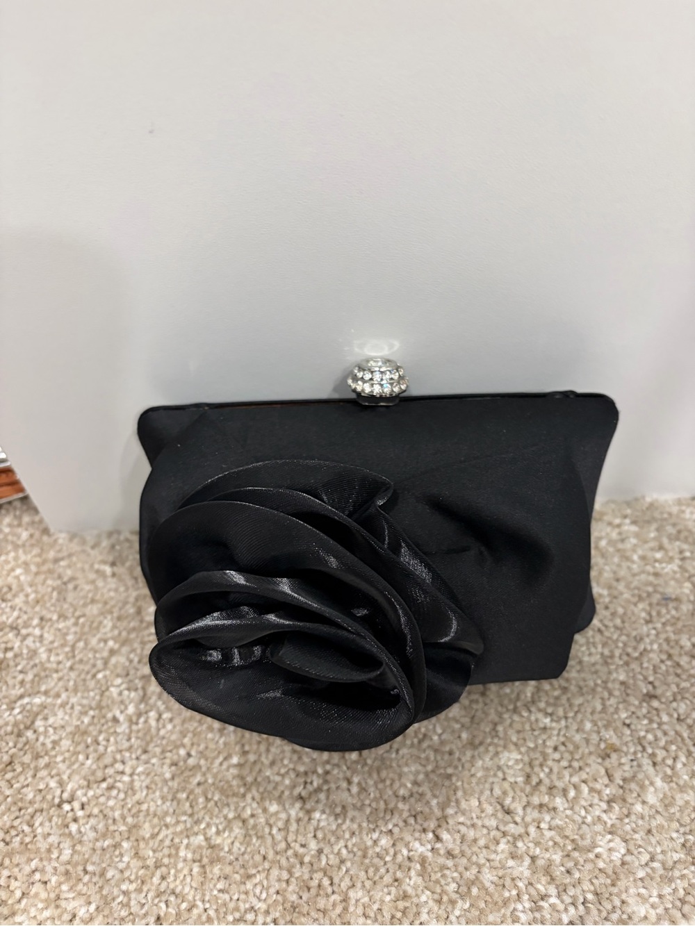 Jessica McClintock Black Satin Floral Evening Clutch with Rhinestone Kiss Lock
